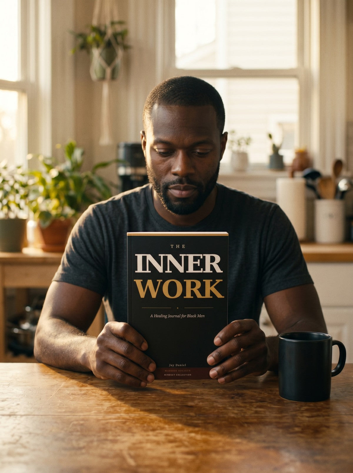 A Black man sitting at a wood kitchen table, holding The Inner Work — a
guided healing journal for Black men by Jay Daniel — preparing to read.